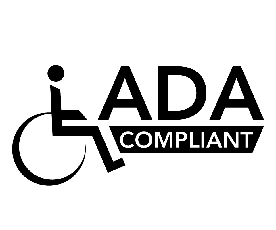 Black and white disabled figure in a wheelchair with the text "ADA Compliant" in black overlayed on top
